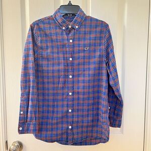 Vineyard Vines Flannel Whale Holiday Blue Plaid Button Up Shirt Boys SZ M 12-14